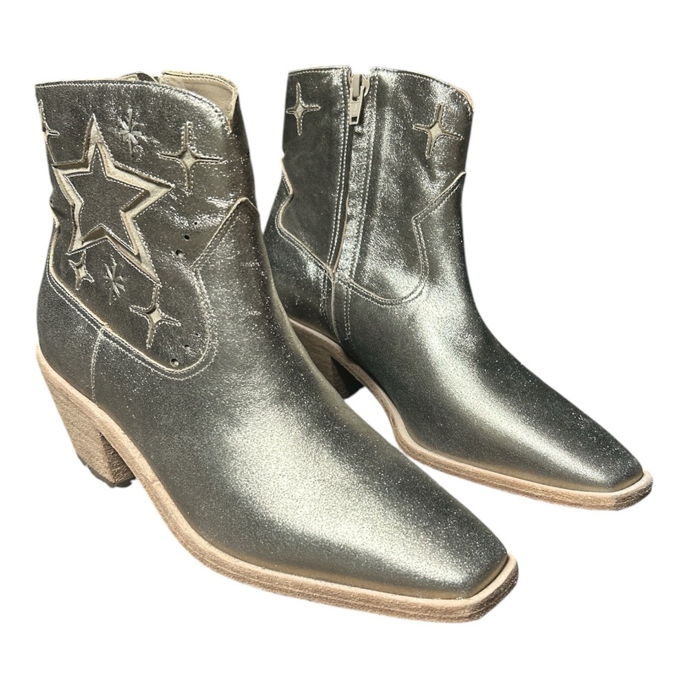 Johnny Was Metallic Gold Star Embroidered Square‎ Toe Western Ankle Boots 7M